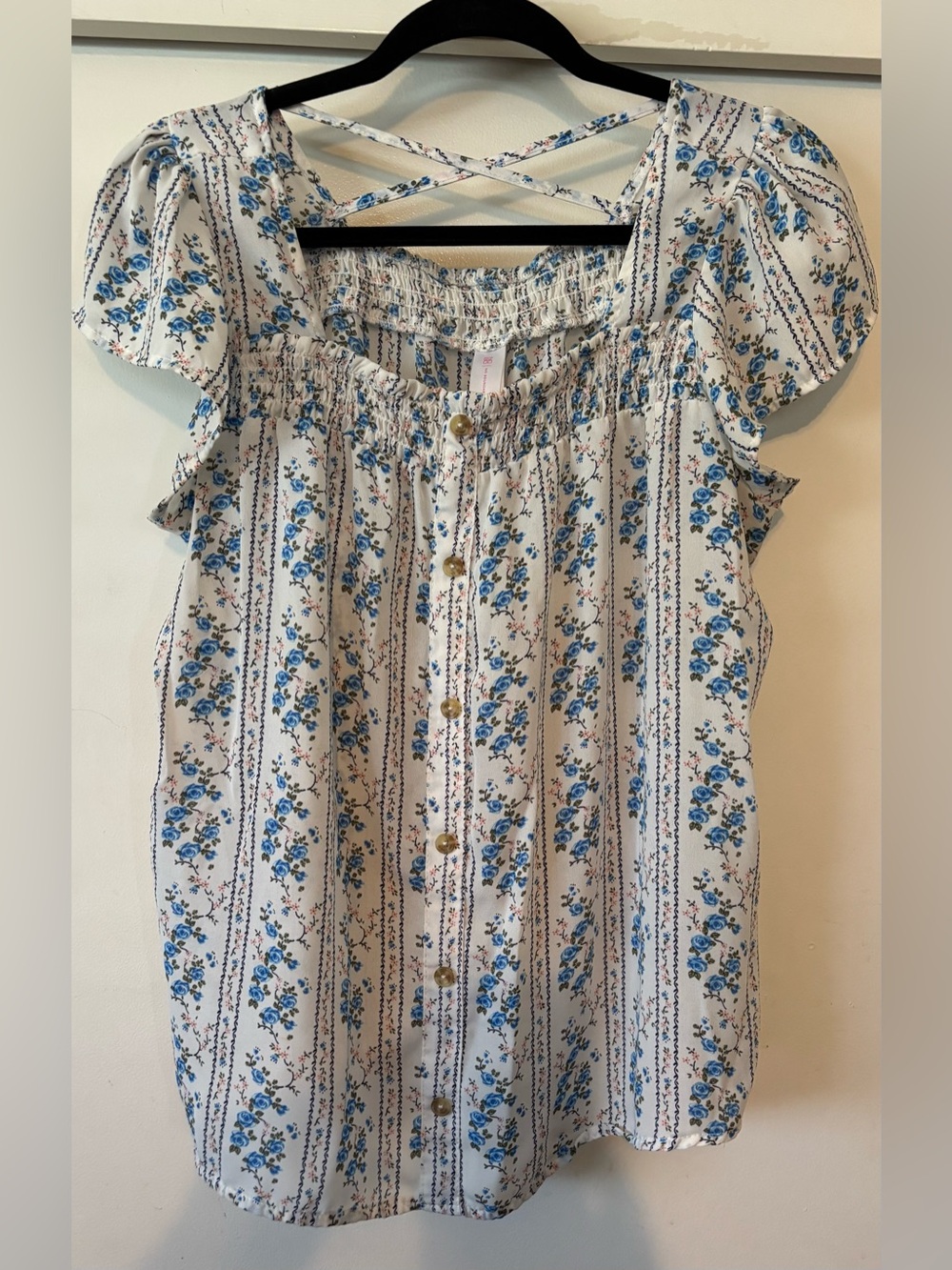 Cottage No Boundaries White Blue Floral Button-Front Blouse Juniors 15/17